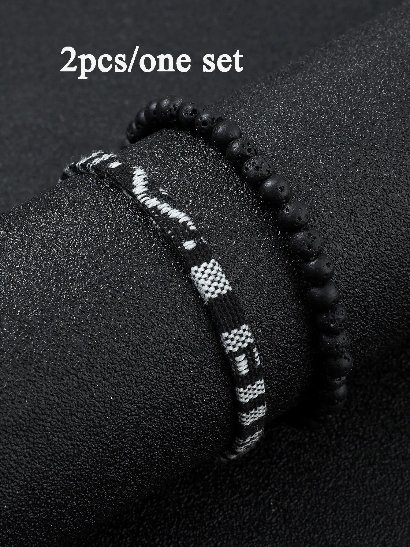 2PCS Tiger Eye Stone Or Volcanic Stone Plus Hand -Woven Bracelet Wave Samia Style Elastic Bracelet Adjustable Men and Wo Men