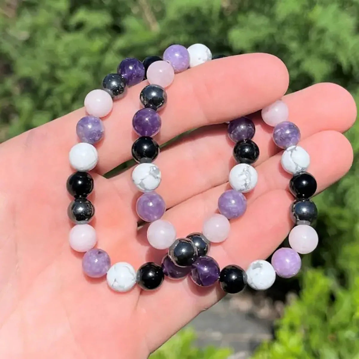 Stress Relief Bracelet: Amethyst, Black Tourmaline, Clear Quartz, Hematite, Lepidolite, Rose Quartz and White 8mm Round Crystal