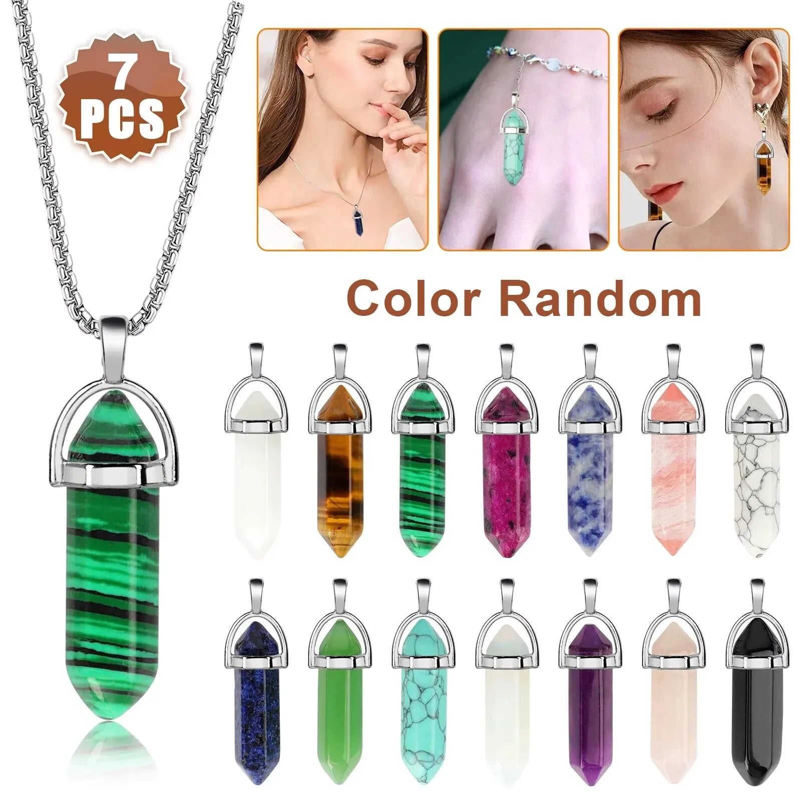 7pcs/set Multicolor Bullet Shape Healing Pointed Chakra Pendants DIY Jewelry Decoration Without Chain (Colors Random)