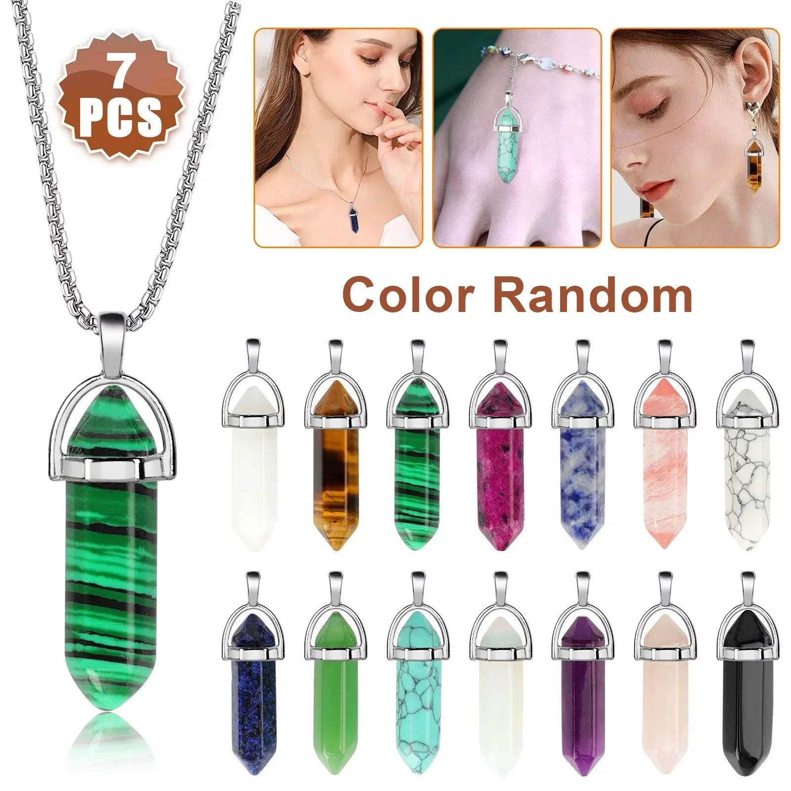 7pcs/set Multicolor Bullet Shape Healing Pointed Chakra Pendants DIY Jewelry Decoration Without Chain (Colors Random)