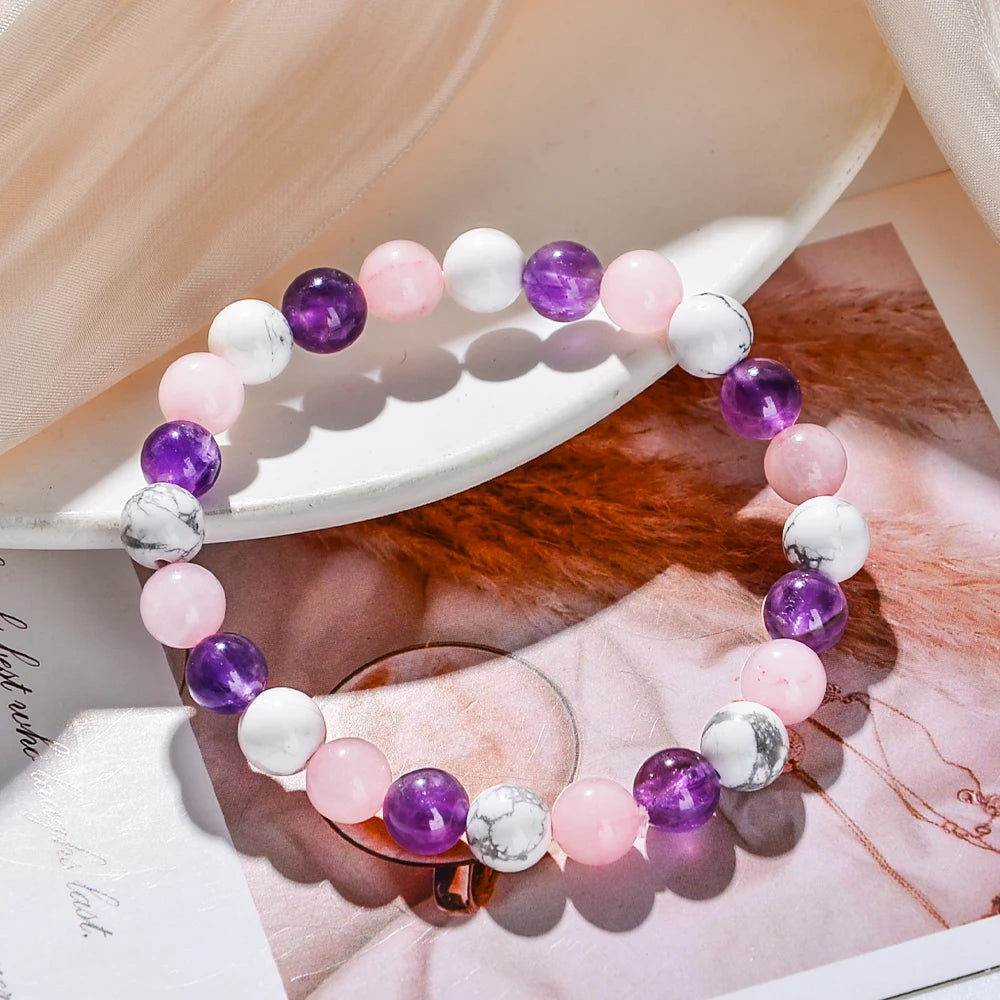 1pc Fashionable Aura Balancing Sleep Bracelet, 8mm Natural Stone Sleep Bracelet - White Turquoise - Amethyst - Rose Quartz