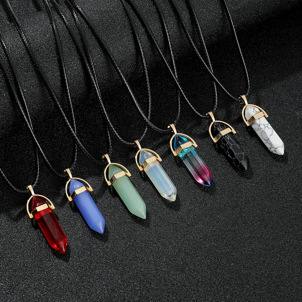 7pcs/set Hexagon Pillar Quartz Necklace Turquoise Pink Crystal Necklace Genuine Leather Chain Natural Stone Choker Necklace
