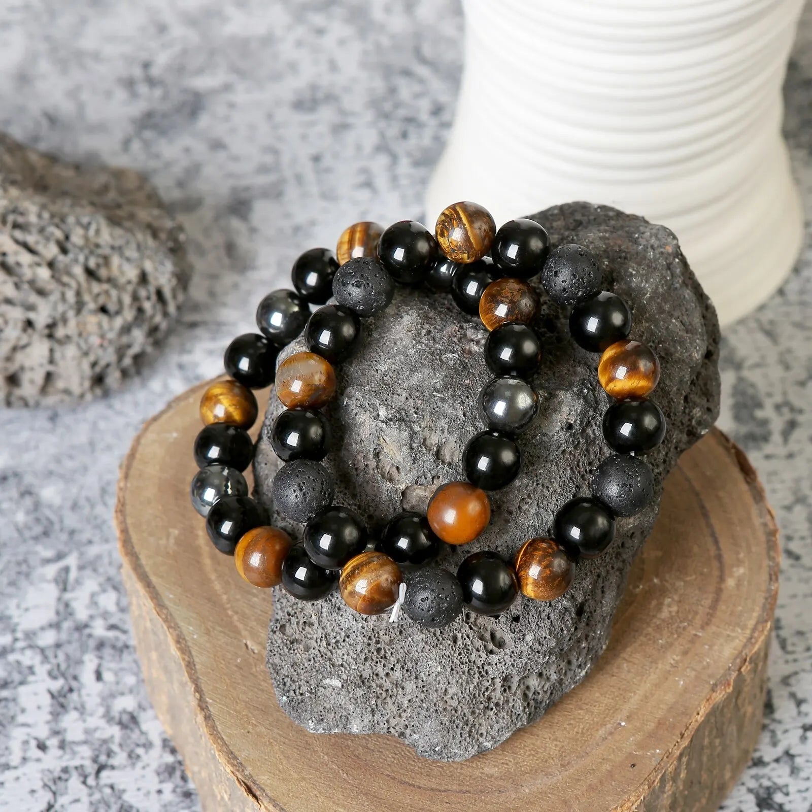 2PCS/Set Triple Protection Bracelet- Tiger's Eye, Black Obsidian, Hematite for Protection, and Balance-Healing Energy Bracelet
