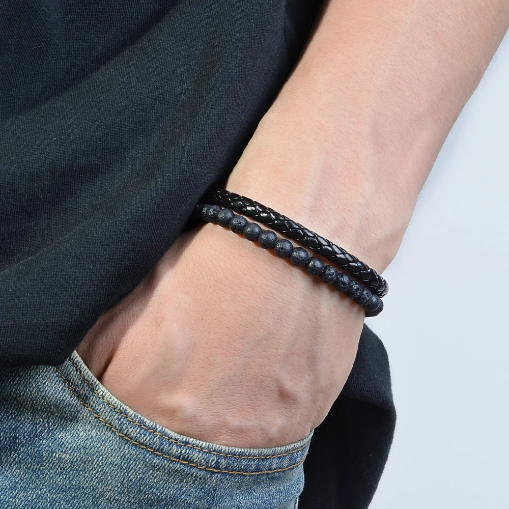 1pc Stainless Steel Bracelet Tiger Eye Stone Beads Bracelet Natural Lava Stone Beads Stainless Steel Bracelet Men Women Jewelry