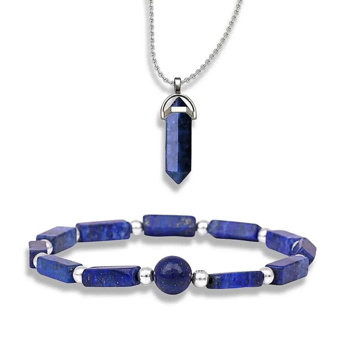 2pcs/Set Natural Lapis Lazuli Bracelet And Necklace, Round Bead BraceletNecklace, For Holiday Gift