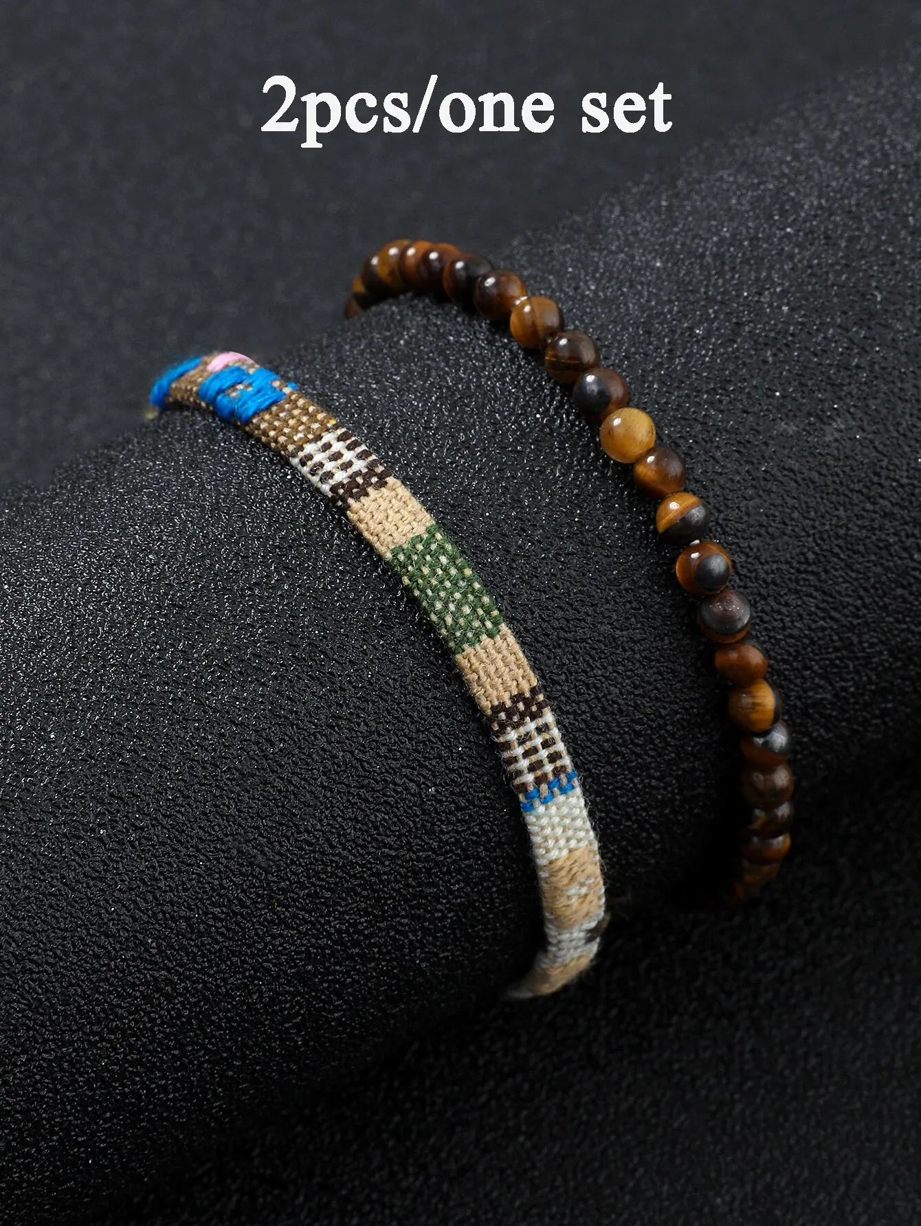 2PCS Tiger Eye Stone Or Volcanic Stone Plus Hand -Woven Bracelet Wave Samia Style Elastic Bracelet Adjustable Men and Wo Men