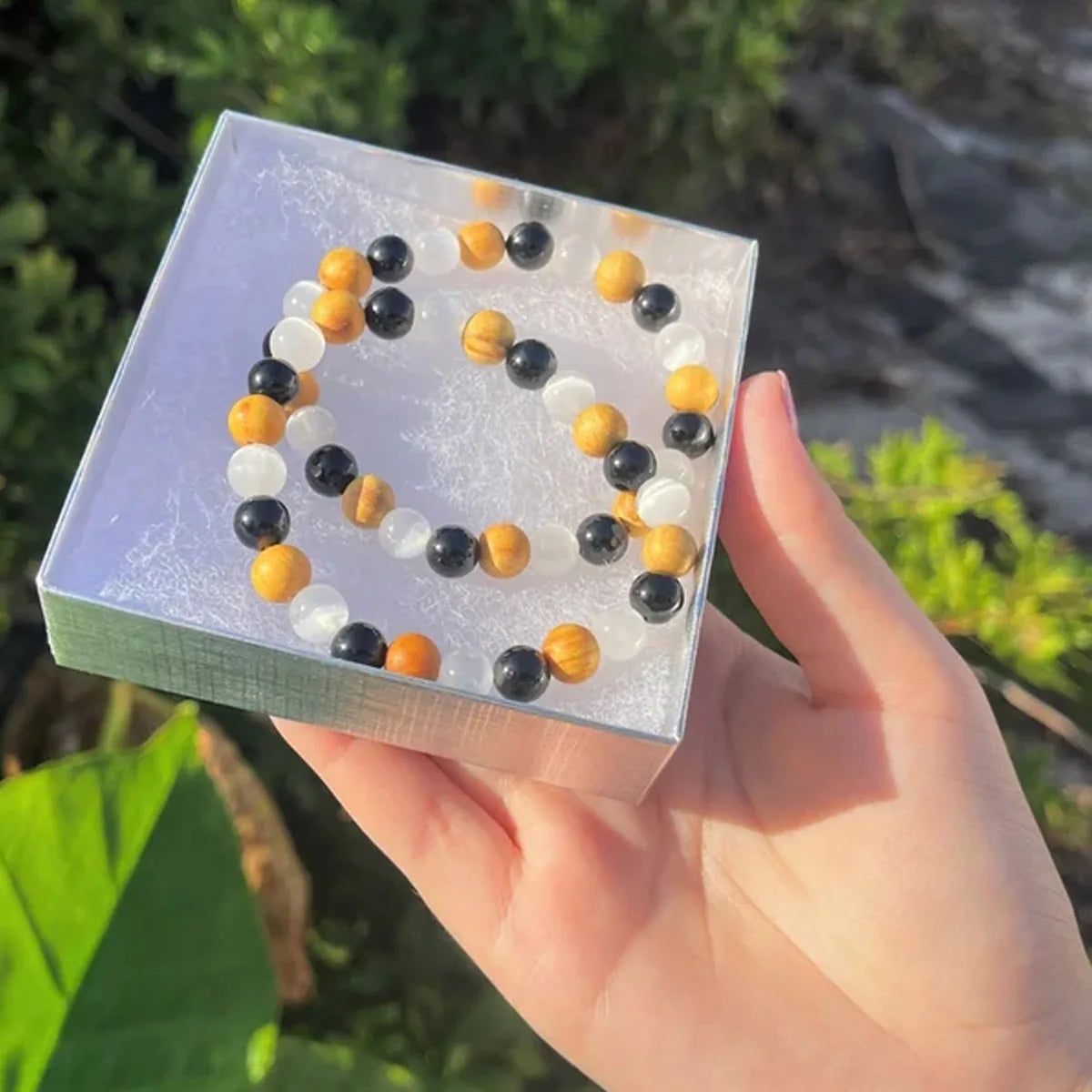 8mm Crystal Body Purification Bracelet with Selenite, Black Tourmaline, and Palo Santo to Enhance Movement and Energy