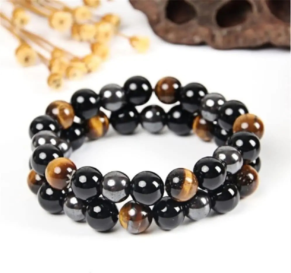 2PCS/Set Triple Protection Bracelet- Tiger's Eye, Black Obsidian, Hematite for Protection, and Balance-Healing Energy Bracelet